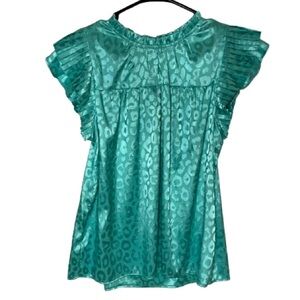 Jodifl Teal Leopard Print Ruffle Sleeve Blouse